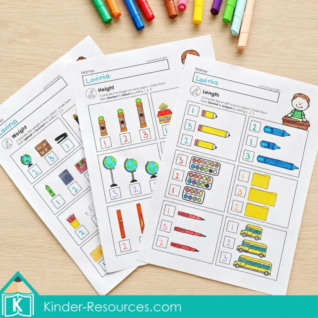 Comparing and ordering objects by length, height and weight on first grade measurement worksheets.