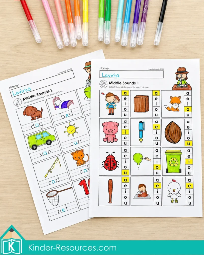Identifying and writing middle vowel sounds in picture words on first grade phonics worksheets.