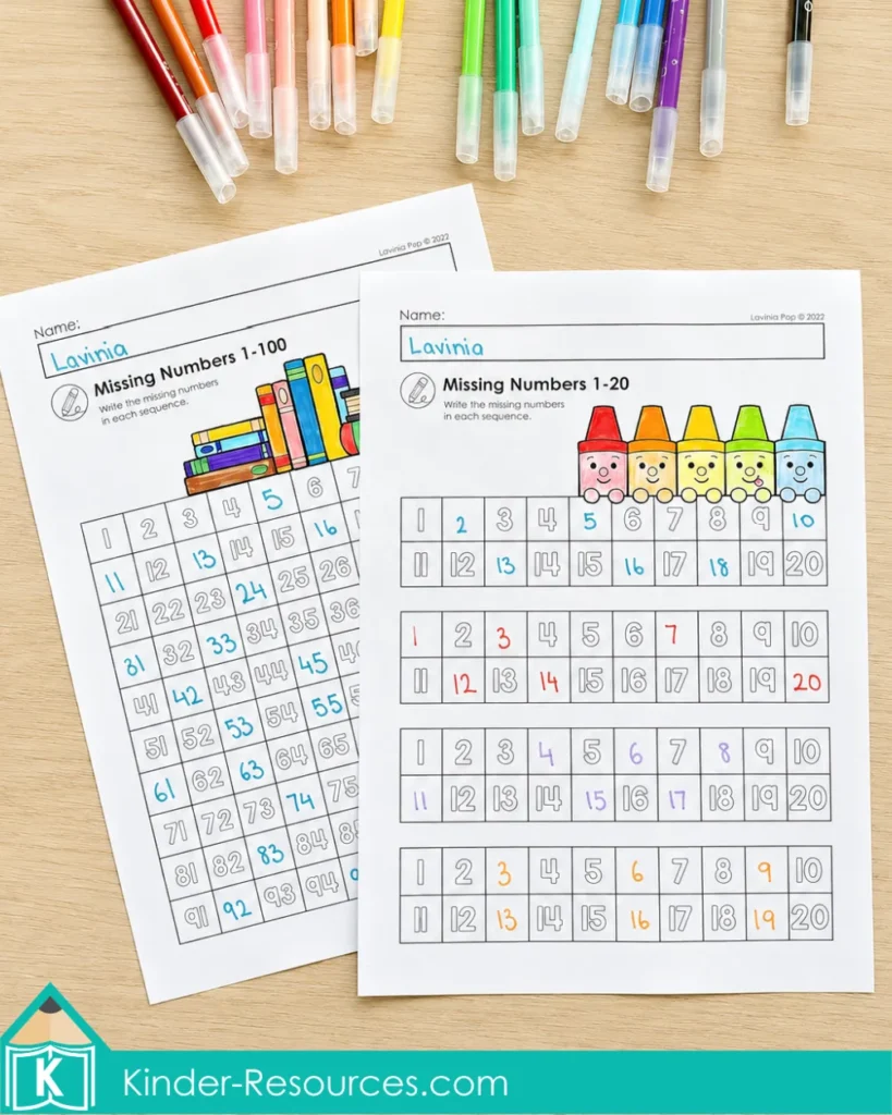 Writing missing numbers in sequences from 1 to 20 and 1 to 100 on first grade math worksheets.