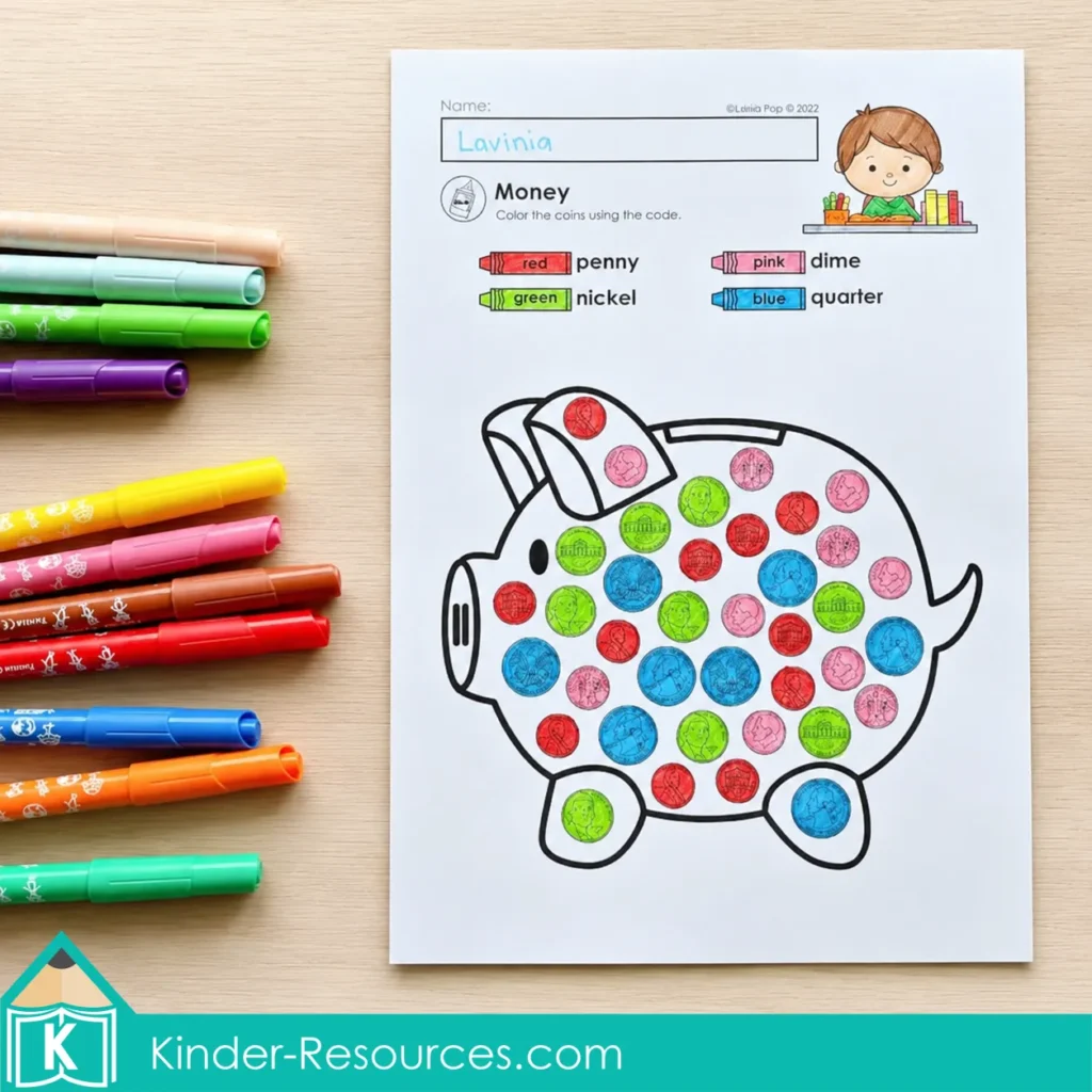 Coloring pennies, nickels, dimes and quarters by code on a first grade money worksheet.