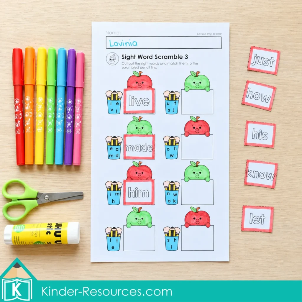 Unscrambling sight words and matching cut-and-paste word cards on a first grade phonics worksheet.