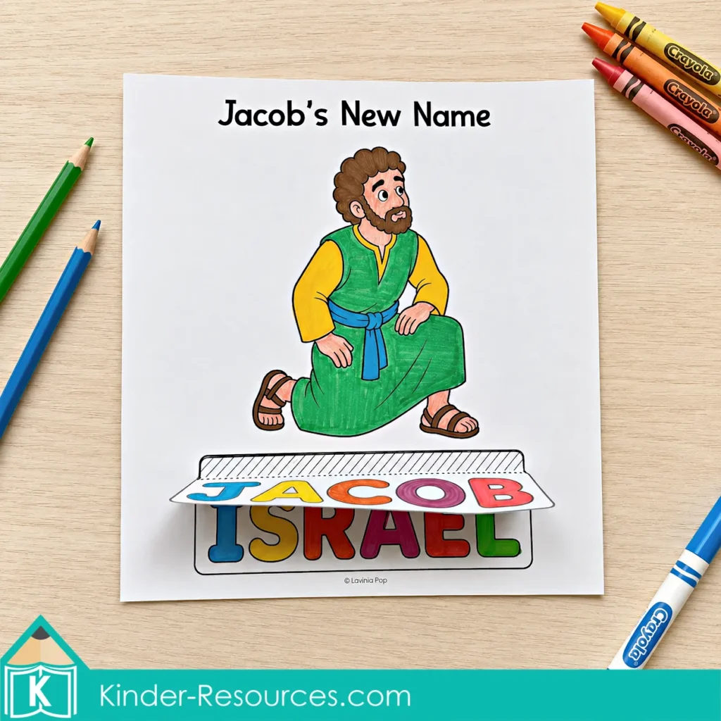 Lifting the Jacob flap to reveal Israel in a preschool Bible craft about God giving Jacob a new name.