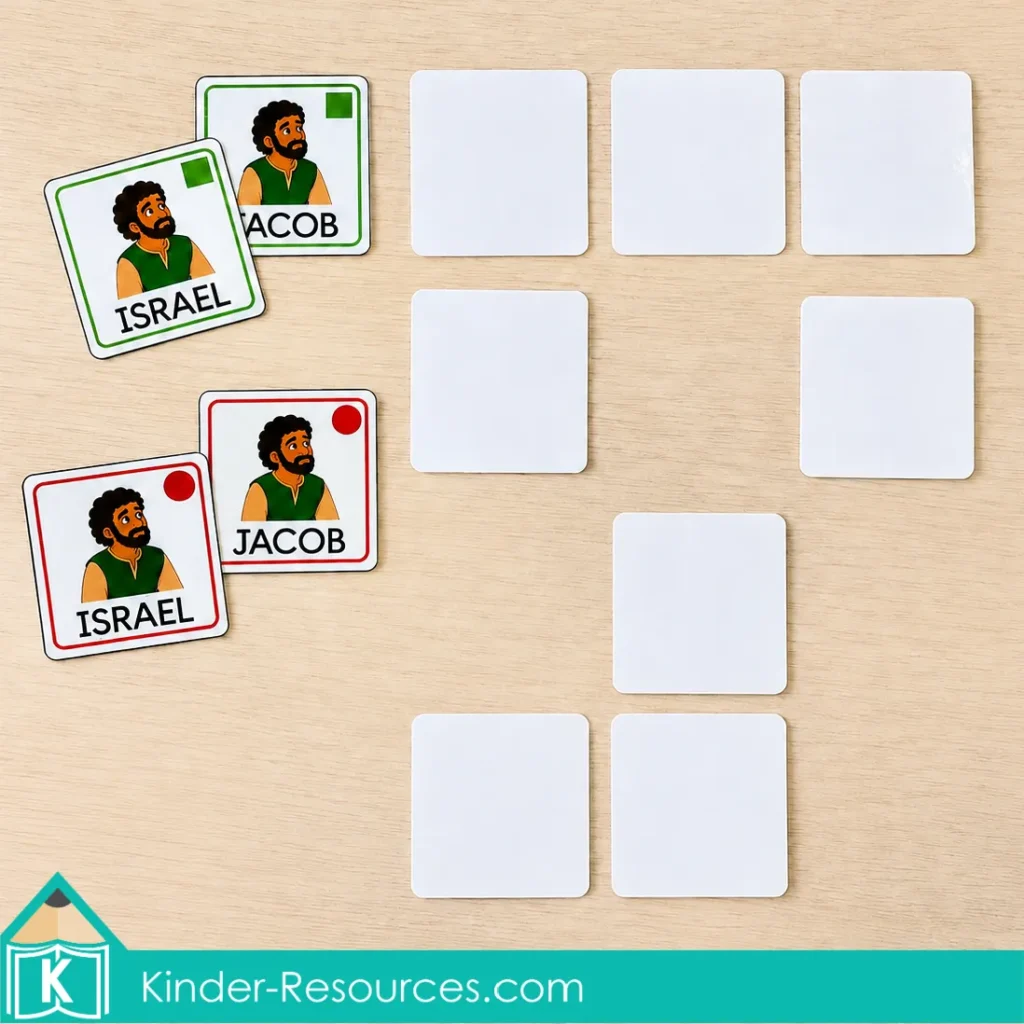 Matching Jacob and Israel picture cards by color and shape during a preschool Bible lesson about Jacob’s new name.