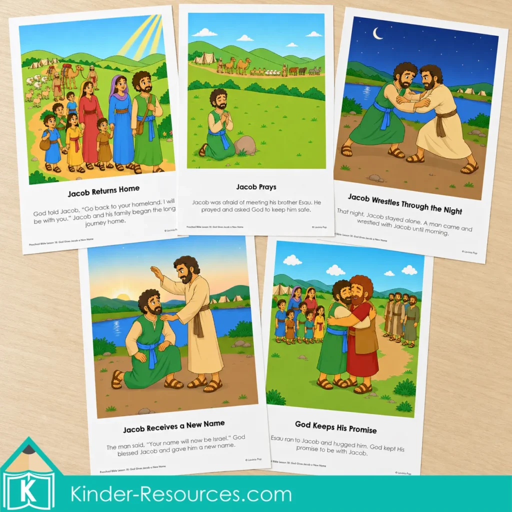 Sequencing five Bible story pictures showing Jacob returning home, praying, wrestling, receiving a new name and meeting Esau.
