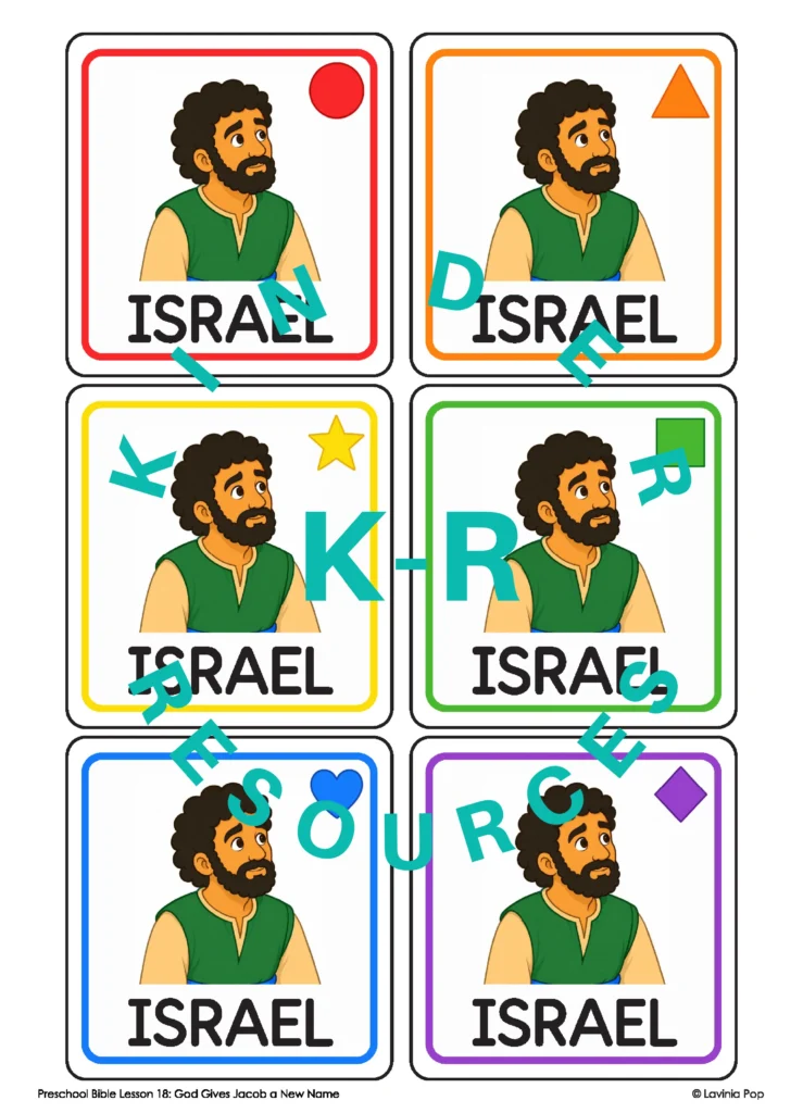Matching Jacob and Israel picture cards by color and shape during a preschool Bible lesson about Jacob’s new name.