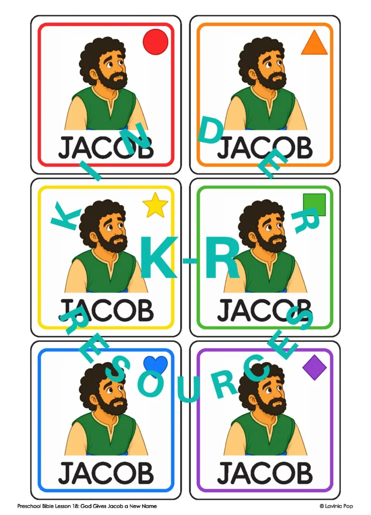 Matching Jacob and Israel picture cards by color and shape during a preschool Bible lesson about Jacob’s new name.