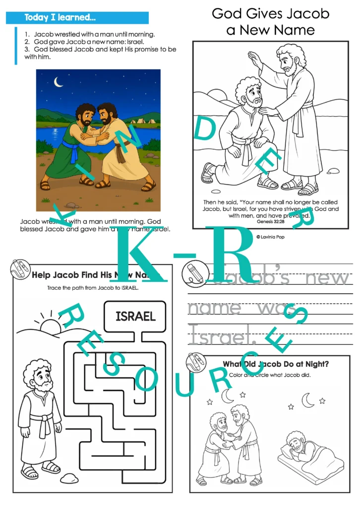 Reviewing Jacob’s new name Israel with a printable take-home booklet featuring coloring, tracing, a maze and a story activity.