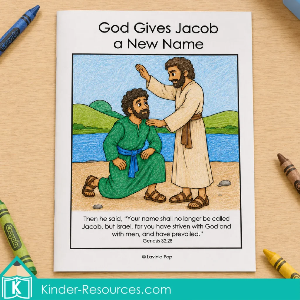 Reviewing Jacob’s new name Israel with a printable take-home booklet featuring coloring, tracing, a maze and a story activity.