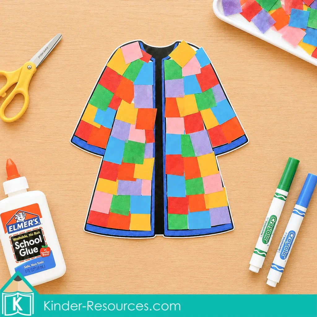 Decorating Joseph’s colorful coat craft template with bright tissue paper squares using scissors, glue and markers.
