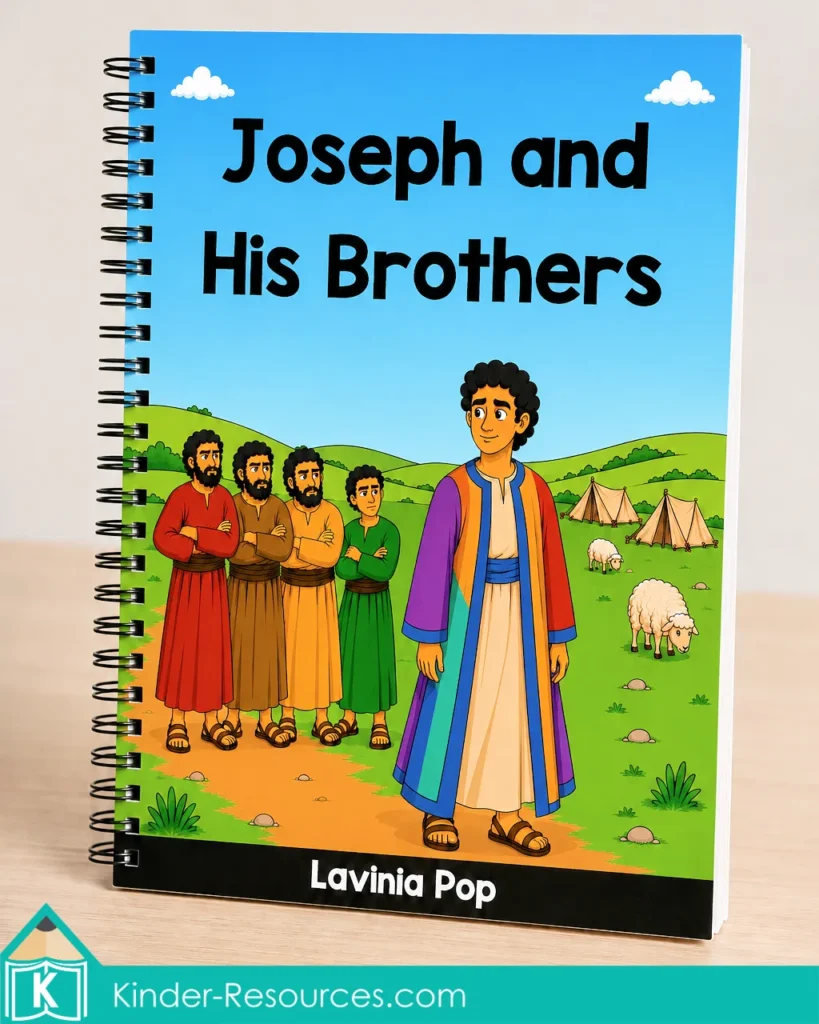 Joseph and His Brothers printable Bible storybook featuring Joseph in his colorful coat with his brothers standing behind him.