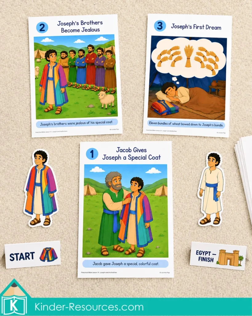 Retelling the Joseph and His Brothers Bible story with numbered picture cards, Joseph playing pieces and START and EGYPT FINISH markers.