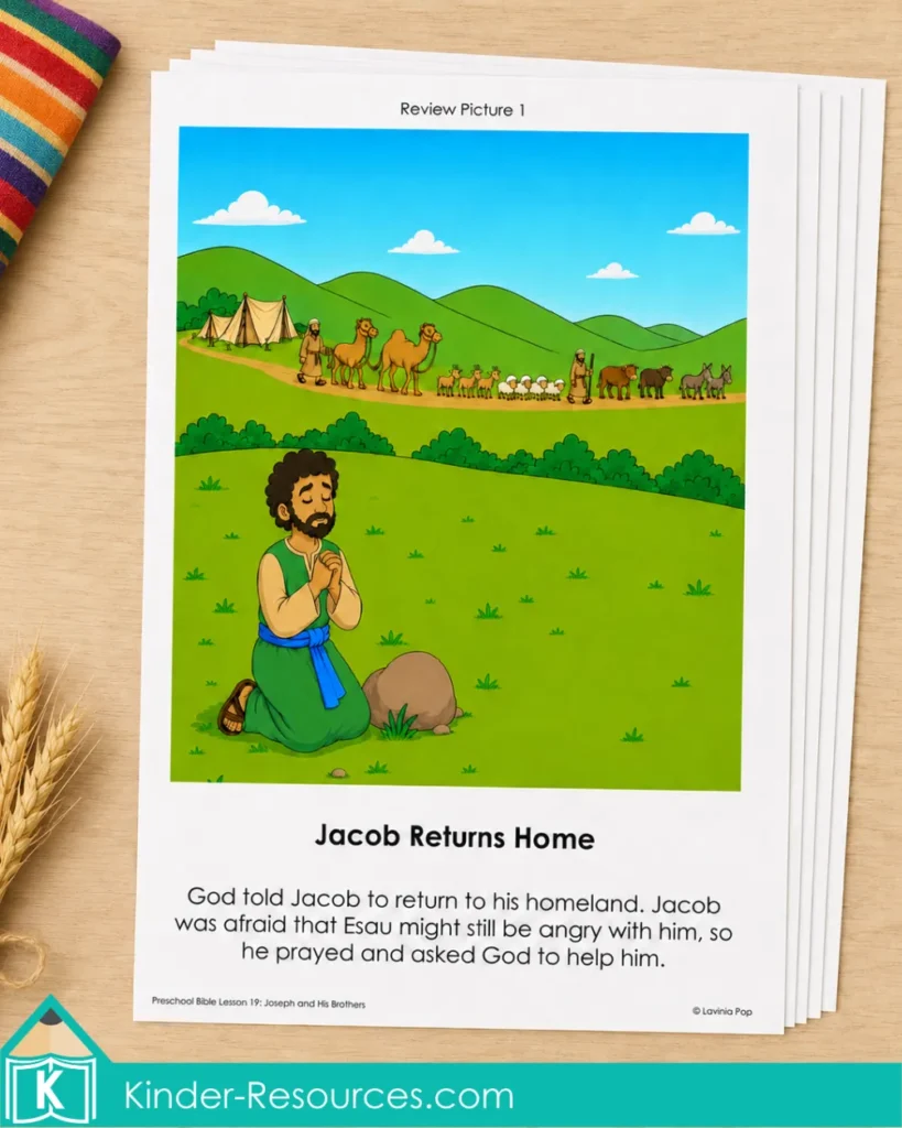 Reviewing Jacob’s return home with a printable Bible story picture card set included in the Joseph and His Brothers lesson.