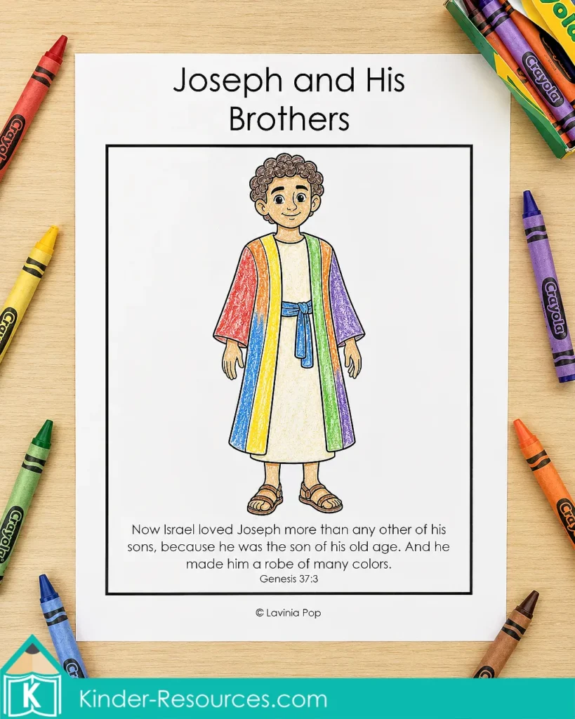 Joseph and His Brothers take home booklet cover featuring Joseph in his robe of many colors and Genesis 37:3.