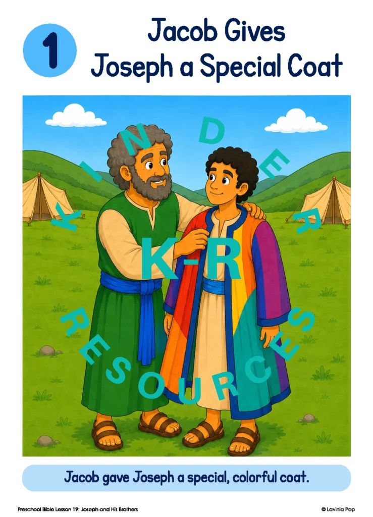 Retelling the first story event with a numbered picture card showing Jacob giving Joseph his special colorful coat.