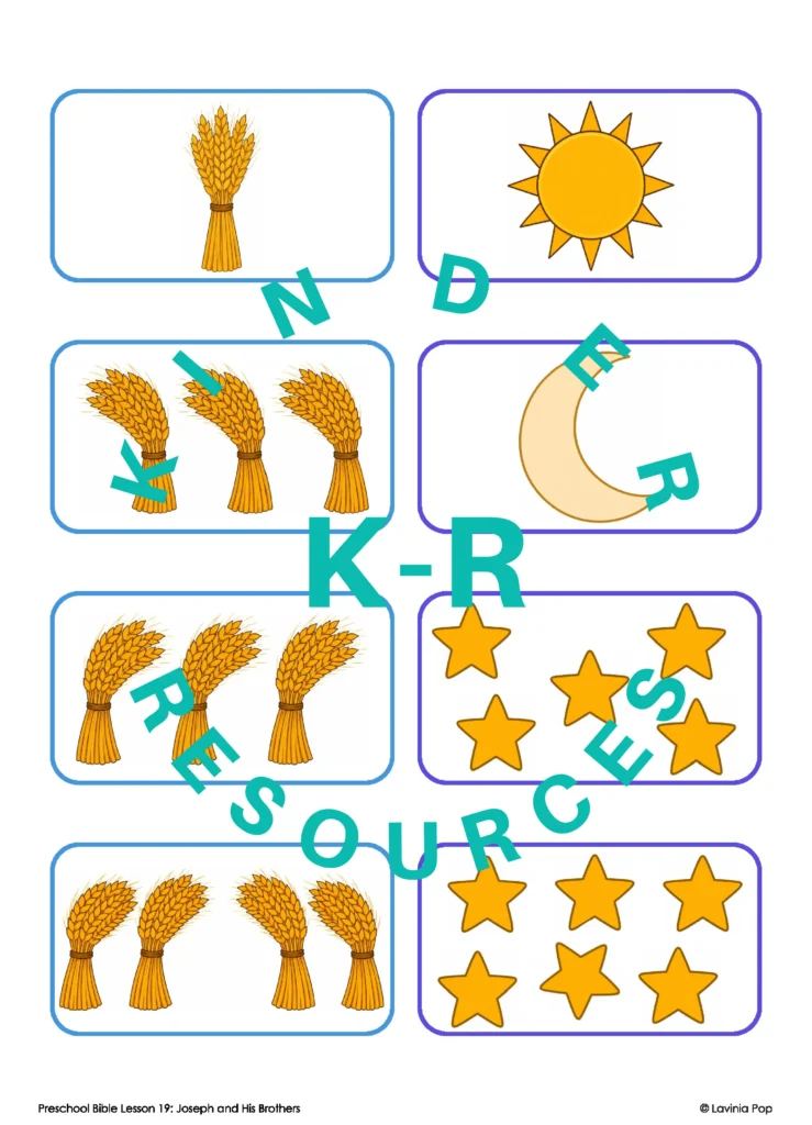 Sorting wheat bundles, the sun, moon and eleven stars to identify the pictures from Joseph’s first and second dreams.