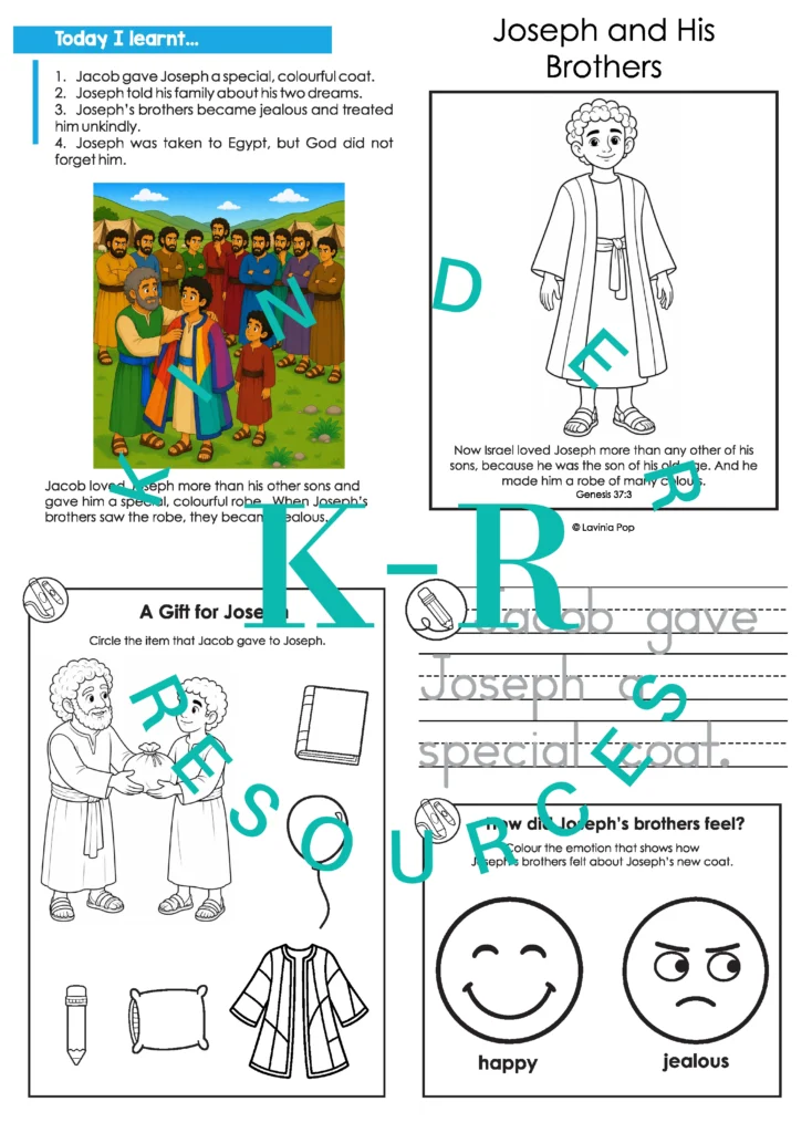 Reviewing Joseph and His Brothers with a foldable take home booklet containing coloring, tracing, circling and emotions activities.
