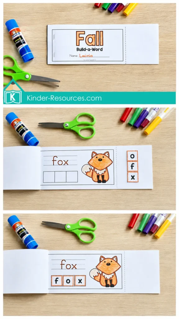 Using an autumn build-a-word booklet to cut out letter tiles and build the word fox beside a picture.