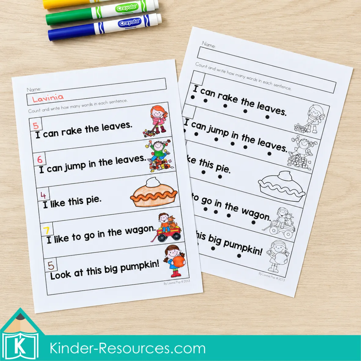 Reading fall sentences and counting how many words are in each sentence using autumn literacy worksheets for kindergarten.