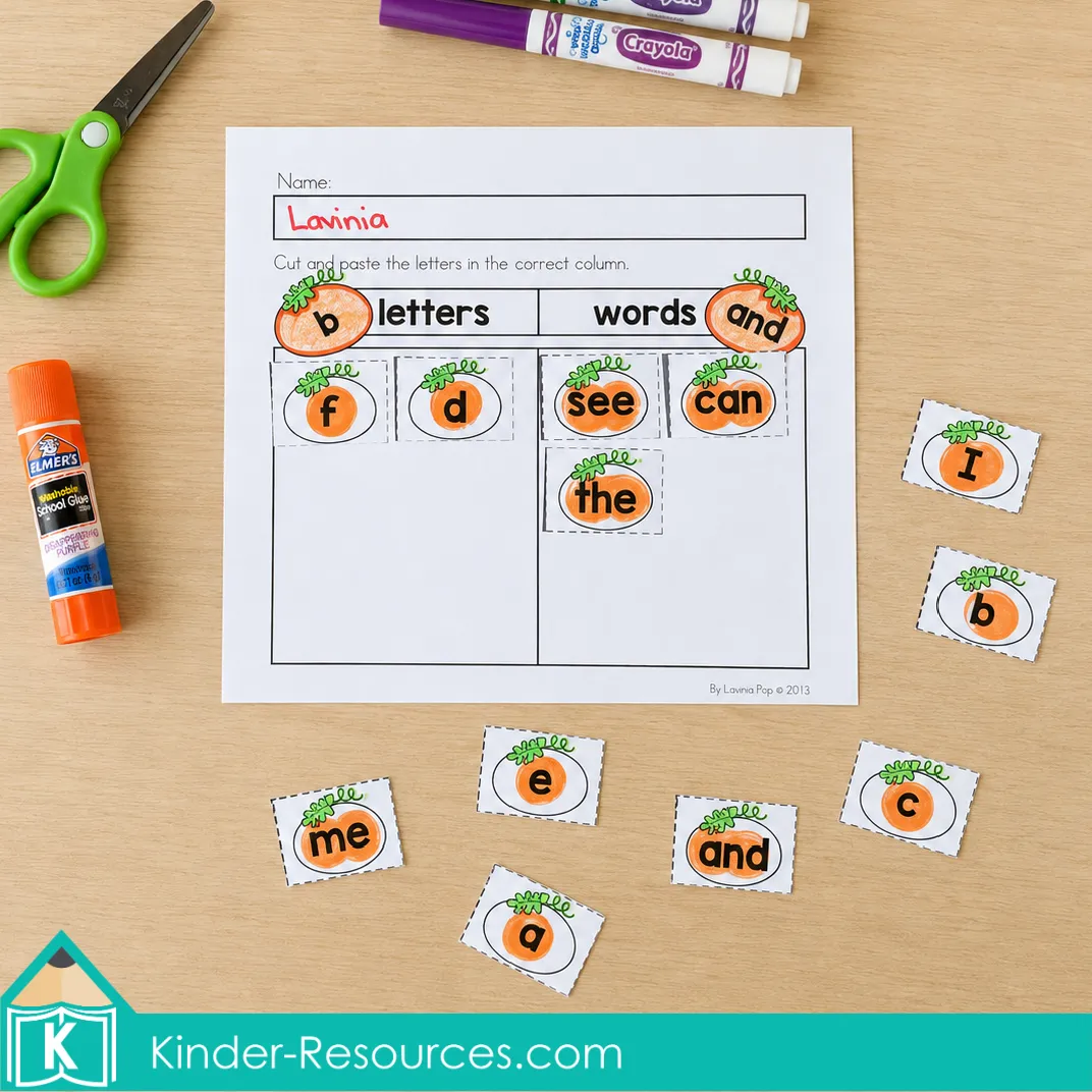 Sorting pumpkin cards into letters and words using a cut-and-paste autumn literacy worksheet for kindergarten.