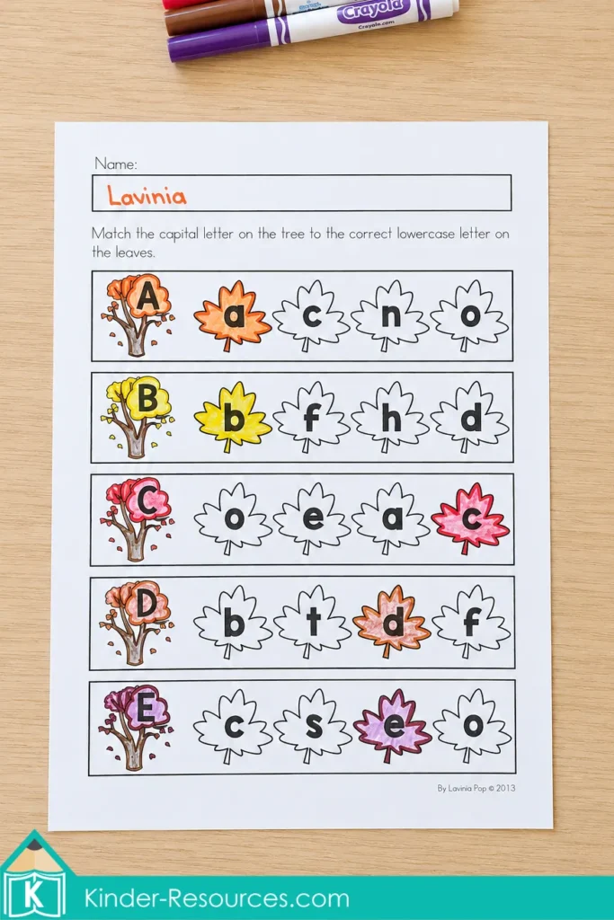 Matching uppercase letters on fall trees to the correct lowercase letters on leaves using an autumn literacy worksheet for kindergarten.