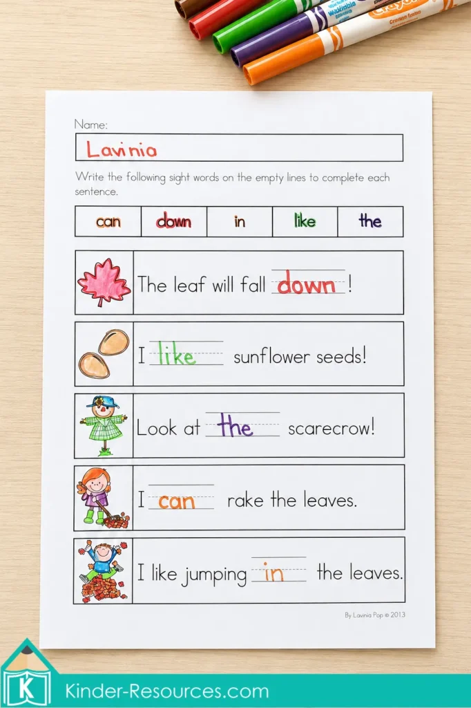Writing missing sight words to complete fall-themed sentences on an autumn literacy worksheet for kindergarten.
