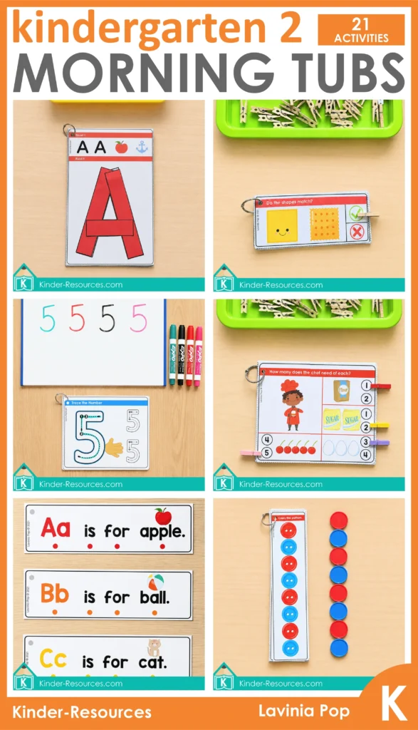 Preview of Kindergarten Morning Tubs Set 2 showing letter building, number tracing, shape matching, counting, alphabet reading, and pattern activities.