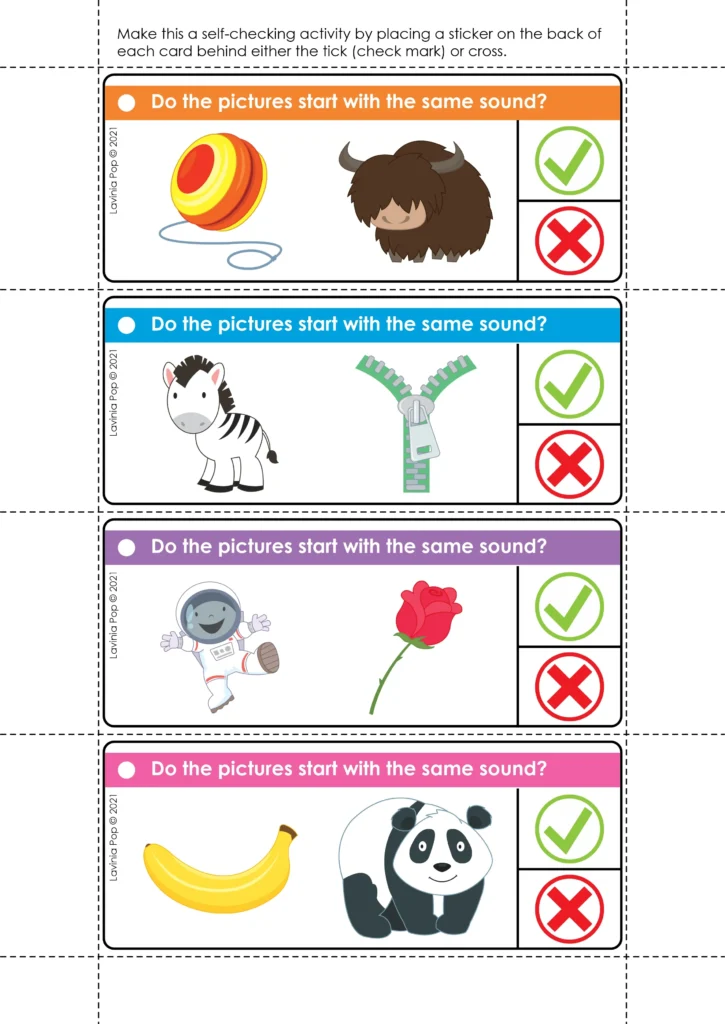 Printable beginning sounds clip cards for kindergarten with picture pairs children compare before clipping the correct response.
