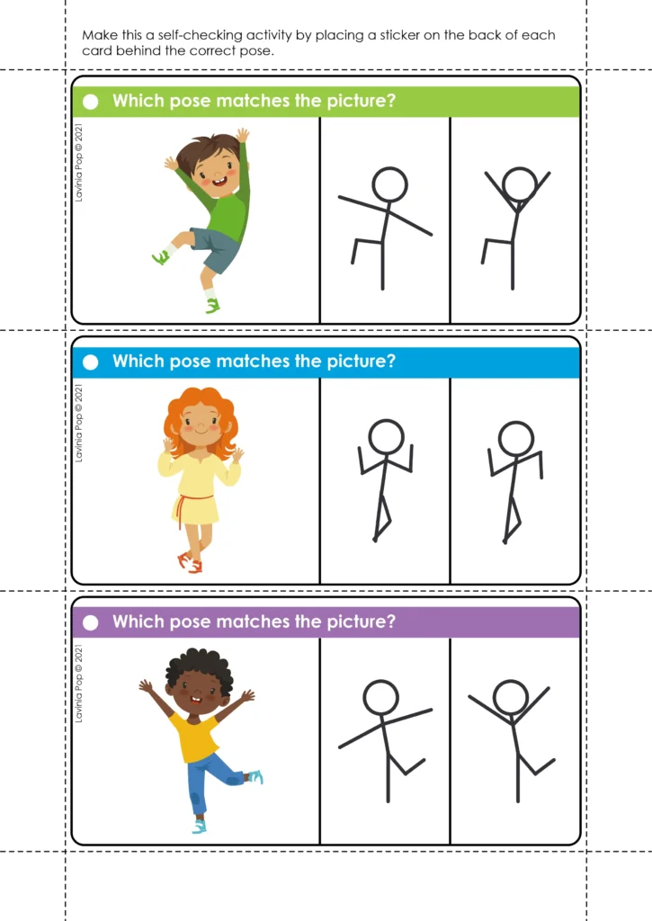 Printable visual discrimination cards for kindergarten that children use to match each illustrated pose to the correct stick figure.