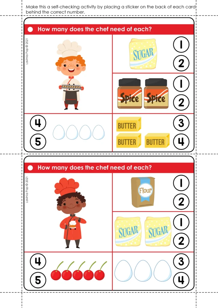 Printable chef counting clip cards from Kindergarten Morning Tubs Set 2 for counting ingredients and choosing the correct number.