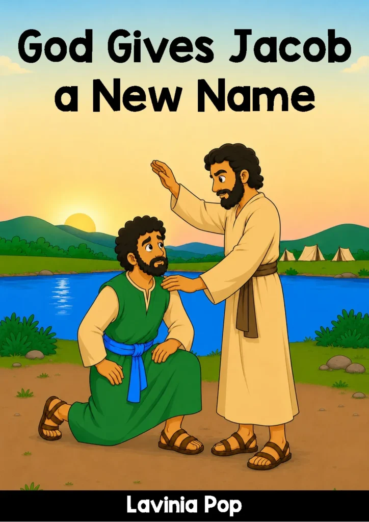 Reading the cover of the God Gives Jacob a New Name printable Bible storybook for preschool children.