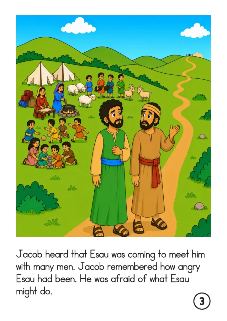 Reading about Jacob feeling afraid after hearing that his brother Esau was approaching with many men.