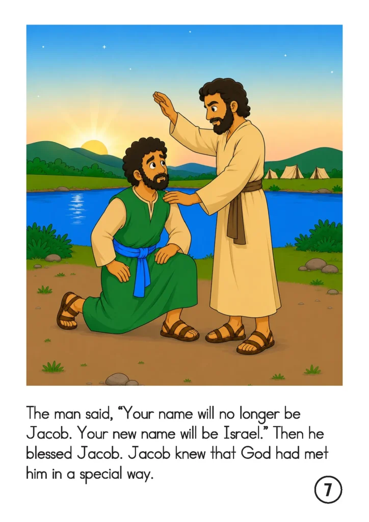 Reading about God blessing Jacob and giving him the new name Israel beside the river at sunrise.