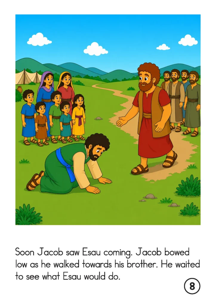 Reading about Jacob bowing low as he approaches Esau while their families watch from nearby.