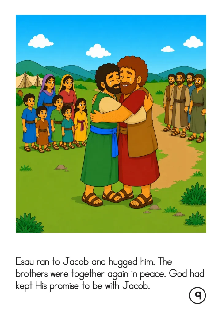 Reading about Esau embracing Jacob as the brothers reunite peacefully and God keeps His promise to Jacob.
