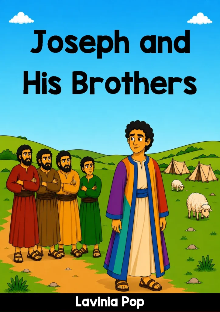 Joseph and His Brothers with Joseph wearing his colorful coat, his jealous brothers, sheep, tents and green hills.