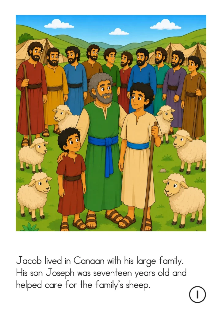 Jacob and his large family as seventeen year old Joseph helps care for the family’s sheep in Canaan.