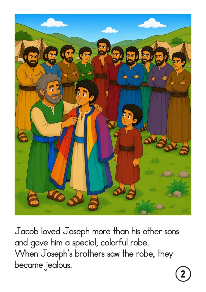 Jacob gives Joseph a special colorful coat while Joseph’s jealous brothers watch from behind.