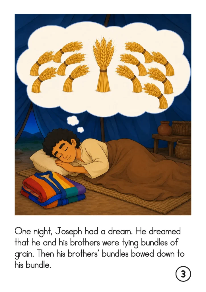 Joseph asleep as eleven bundles of wheat bow down to his upright bundle in his first dream.