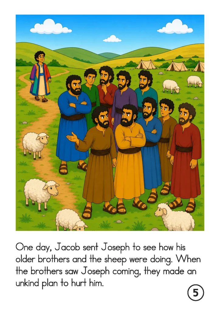 Joseph approaches his older brothers as they make an unkind plan while caring for the family’s sheep.