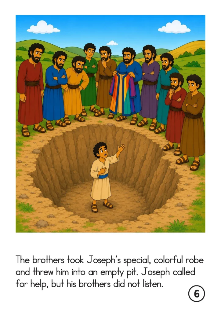 Joseph calls for help from an empty pit after his brothers take away his special colorful coat.