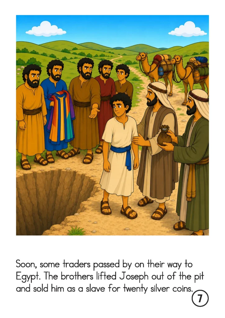 Joseph’s brothers sell him to traders for twenty silver coins beside the pit and loaded camels.