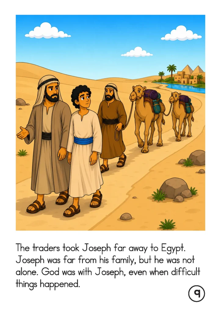 Joseph and the traders with loaded camels as they travel across the desert toward Egypt.
