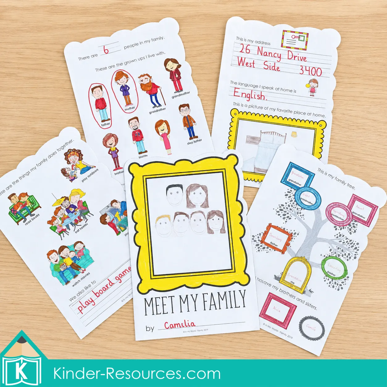 Viewing a completed My Family Book with shaped pages about family members, a family tree, home details, and activities enjoyed together.