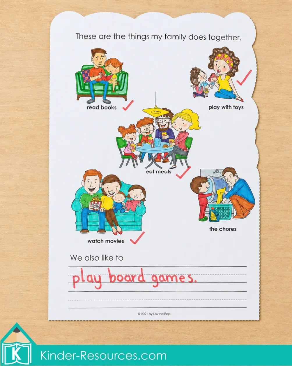 Identifying activities a family enjoys together and writing an additional activity on a My Family Book page.
