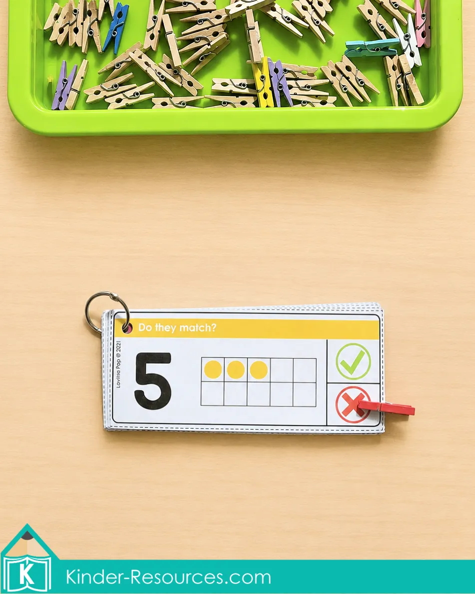 Comparing the numeral 5 with a ten-frame showing three counters and clipping the red X because they do not match.