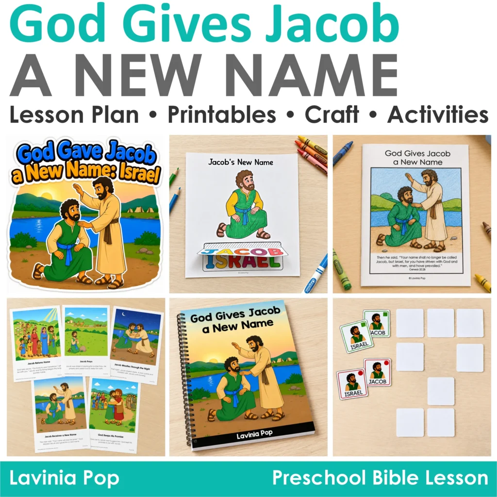 Exploring printable preschool Bible activities about Jacob becoming Israel, including retelling cards, a storybook, craft, matching game and booklet.