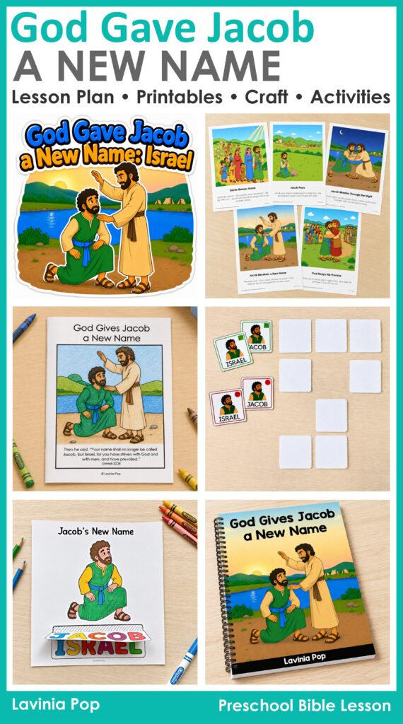 Exploring printable preschool Bible activities about Jacob becoming Israel, including retelling cards, a storybook, craft, matching game and booklet.