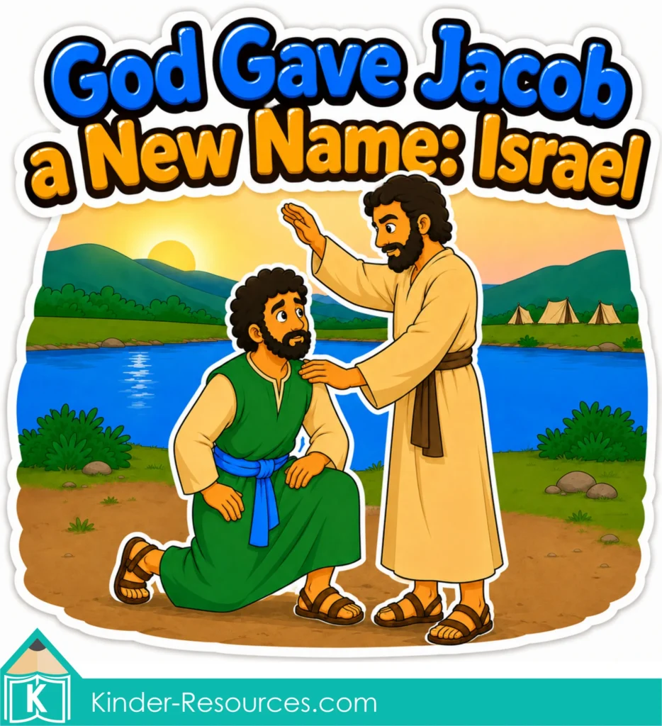 Learning that God gave Jacob the new name Israel with a colorful preschool Bible lesson illustration.