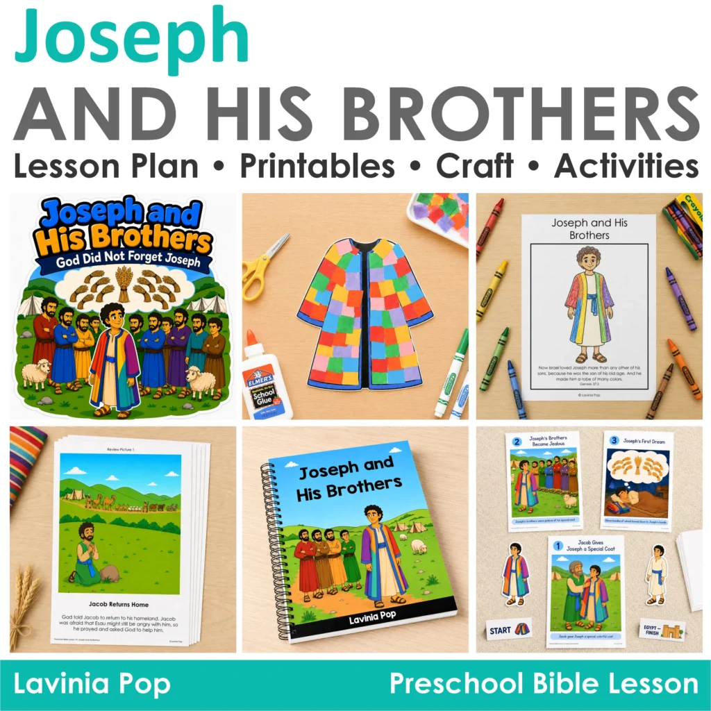 Exploring the Joseph and His Brothers preschool Bible lesson with a storybook, colorful coat craft, booklet, review pictures and retelling cards.