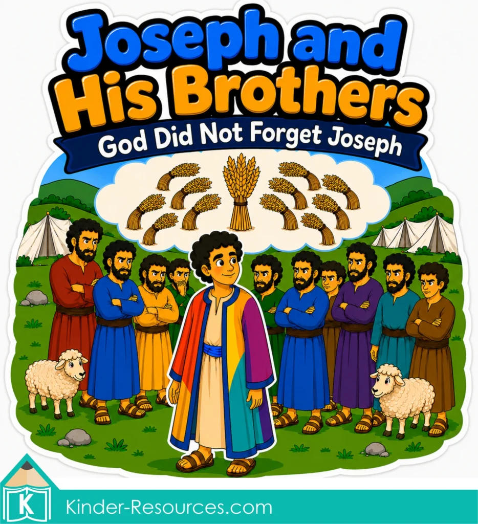 Introducing Joseph and His Brothers with Joseph in his colorful coat, his jealous brothers and eleven wheat bundles bowing to Joseph’s upright bundle.